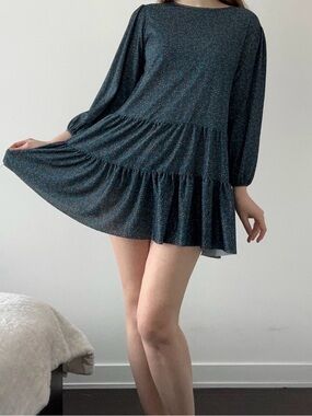 Zara Smocked Tiered Long-Sleeve Dress in Dark Teal Ditsy Floral